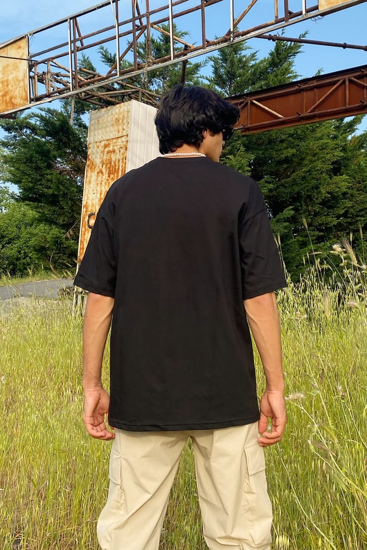 Ethnic Pattern Baskılı Siyah Oversize Tshirt