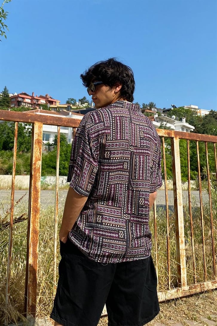 Ethnic Pattern Siyah Kısa Kollu Gömlek