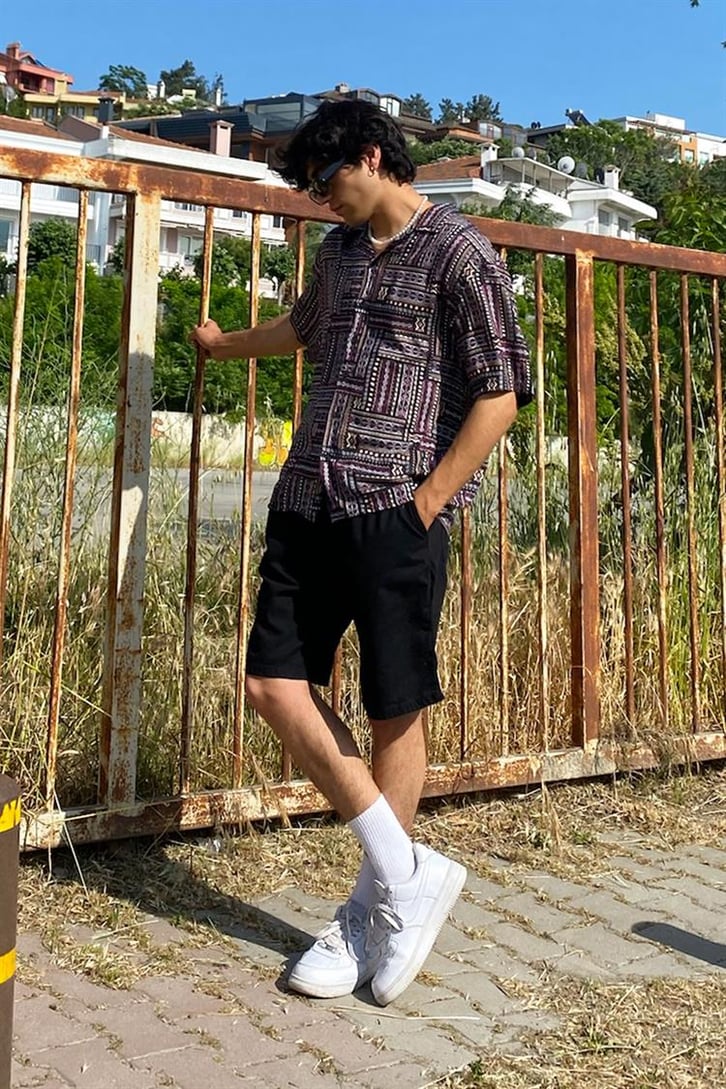 Ethnic Pattern Siyah Kısa Kollu Gömlek