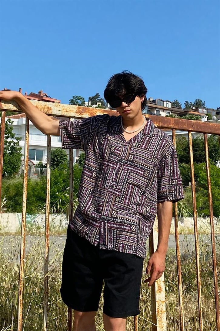 Ethnic Pattern Siyah Kısa Kollu Gömlek