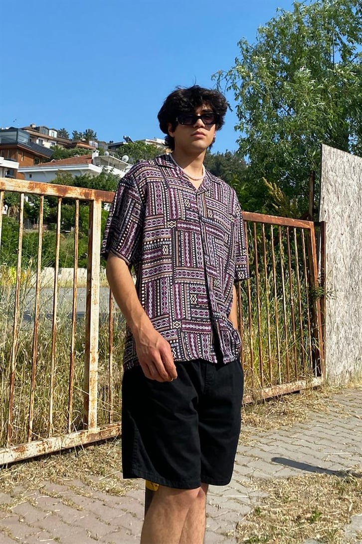 Ethnic Pattern Siyah Kısa Kollu Gömlek