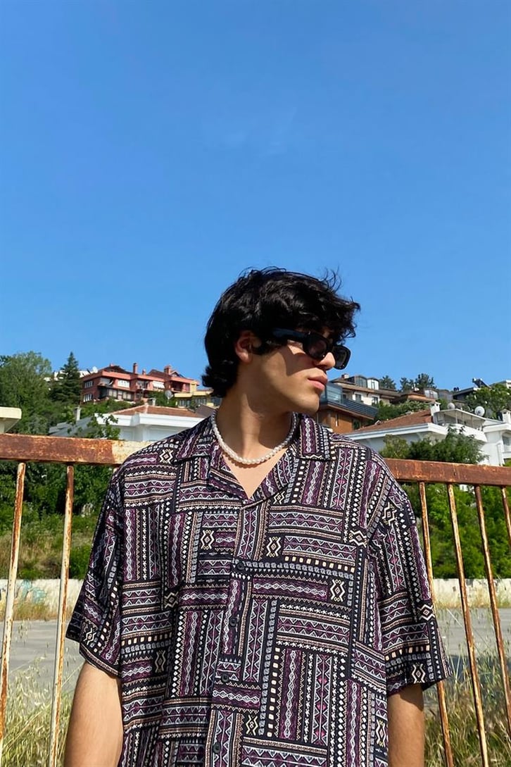Ethnic Pattern Siyah Kısa Kollu Gömlek
