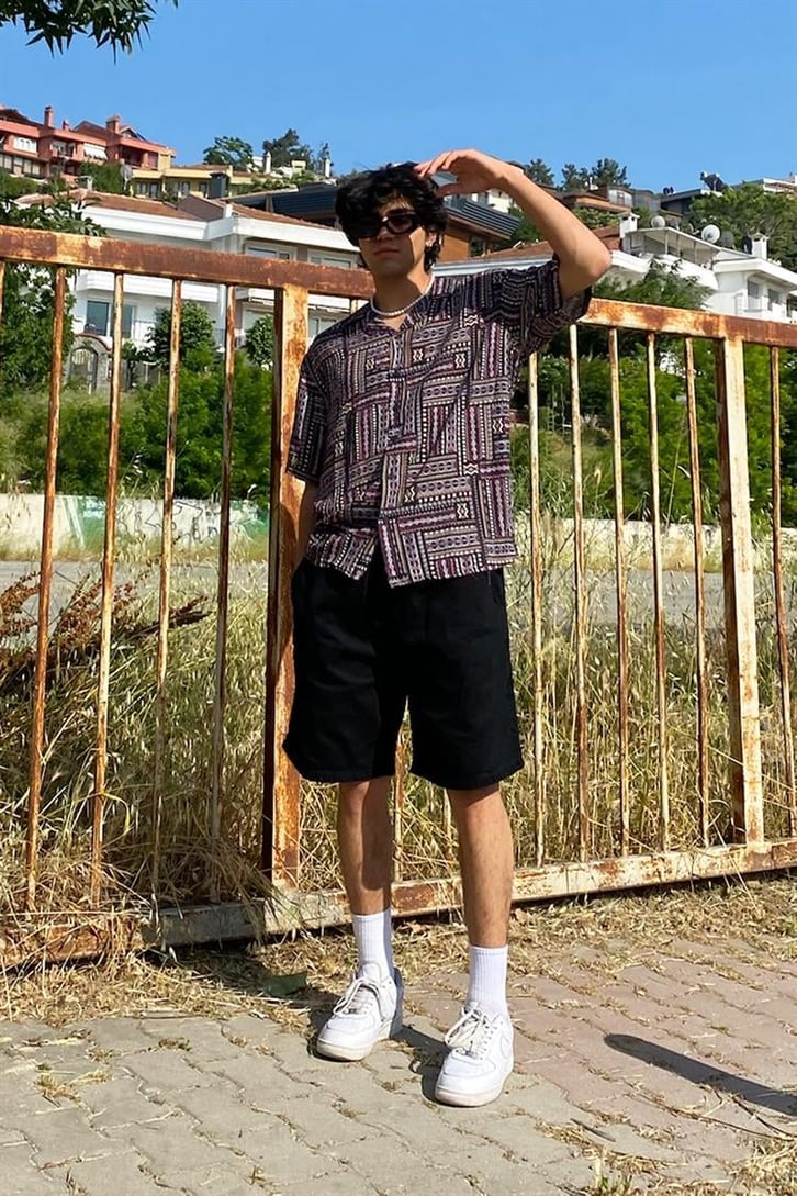 Ethnic Pattern Siyah Kısa Kollu Gömlek