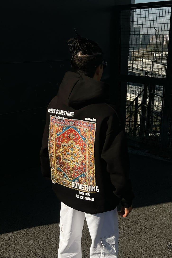 Ethnic Rug Baskılı Siyah Oversize Sweatshirt