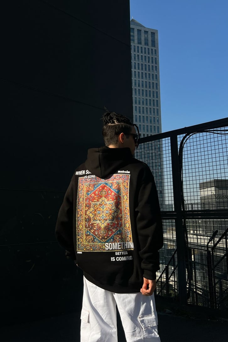 Ethnic Rug Baskılı Siyah Oversize Sweatshirt