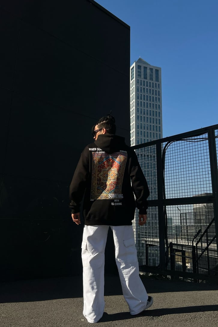 Ethnic Rug Baskılı Siyah Oversize Sweatshirt