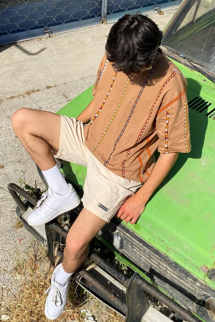 Ethnic Strip Baskılı Oversize Tshirt