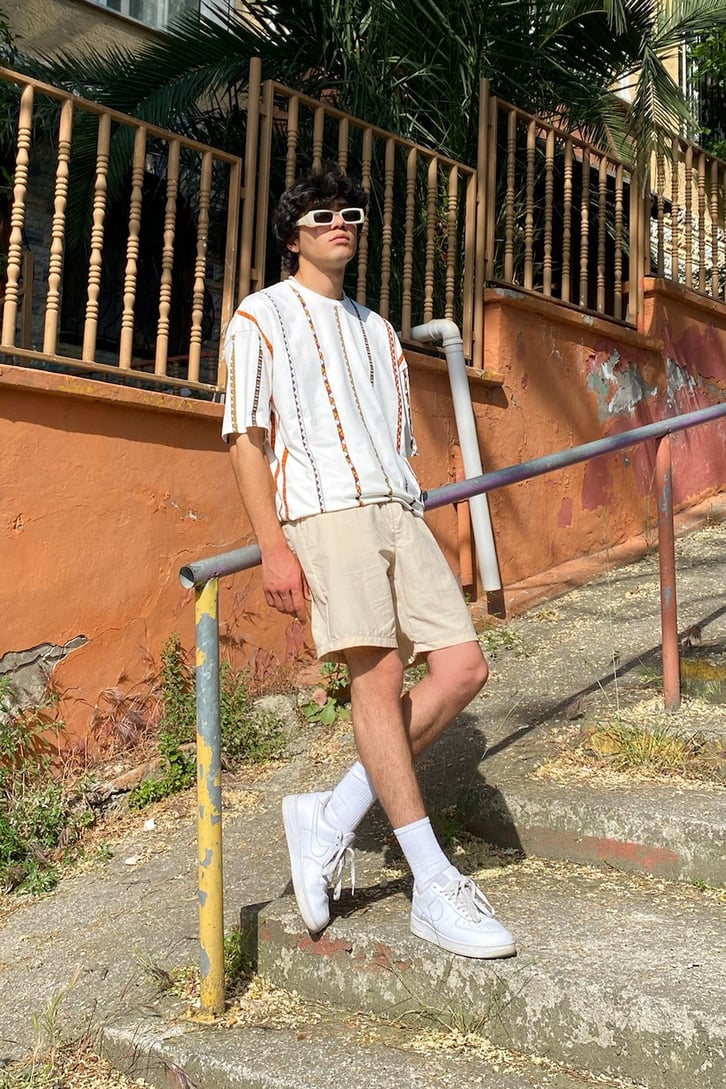 Ethnic Strip Baskılı Oversize Tshirt