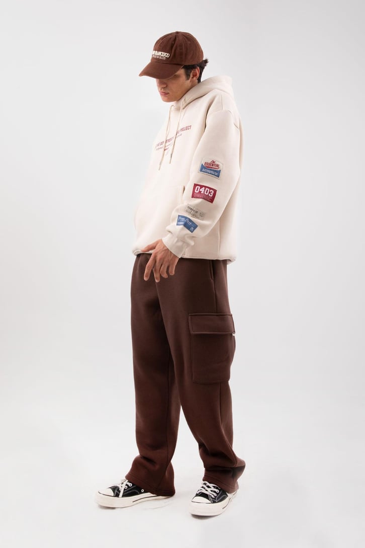 Etiket Nakışlı Bej Oversize Hoodie