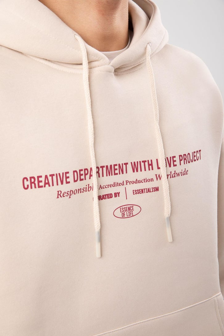 Etiket Nakışlı Bej Oversize Hoodie