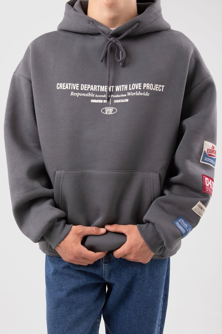 Etiket Nakışlı Bej Oversize Hoodie