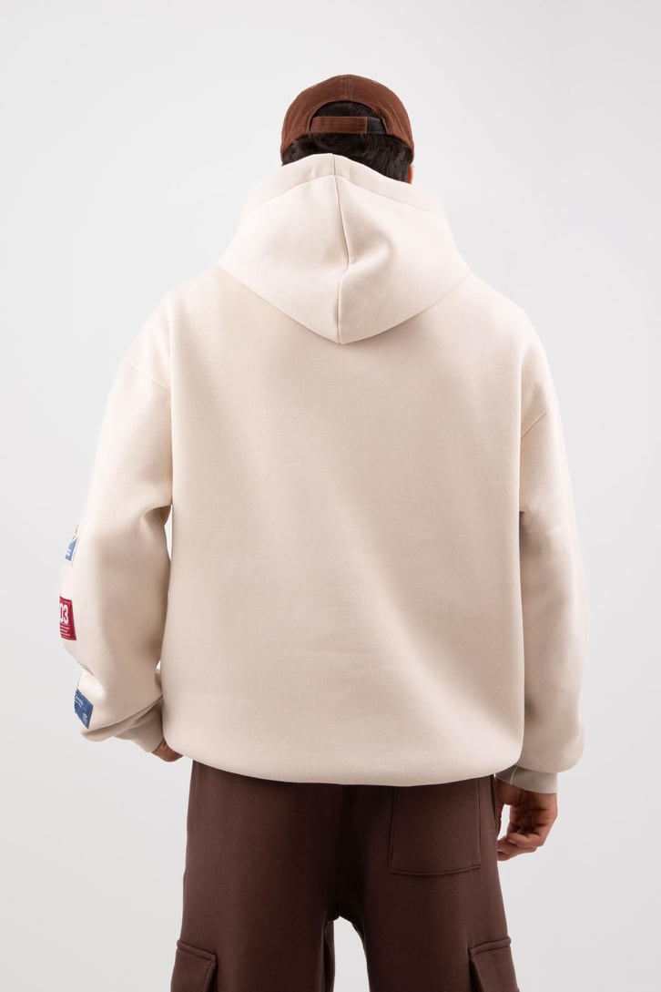 Etiket Nakışlı Bej Oversize Hoodie
