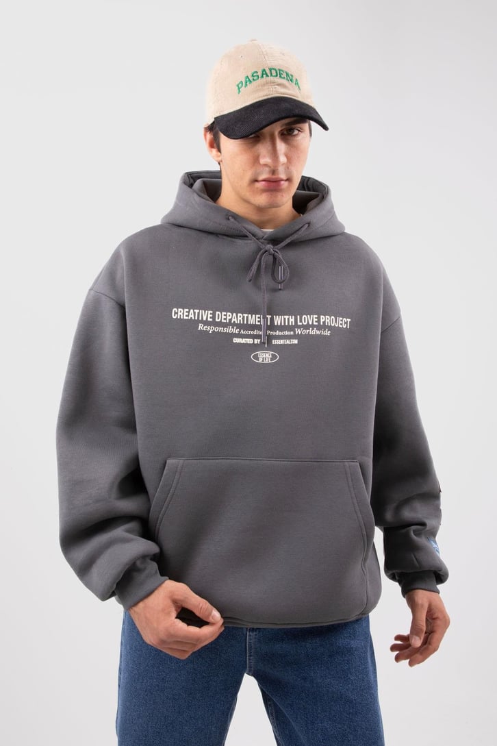 Etiket Nakışlı Bej Oversize Hoodie