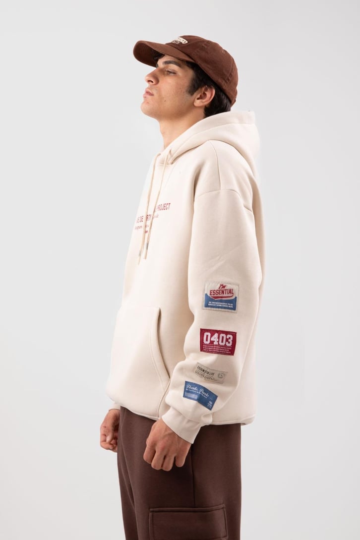 Etiket Nakışlı Bej Oversize Hoodie