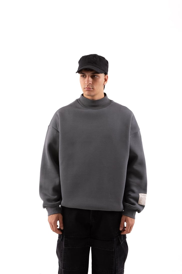 Etiket Nakışlı Füme Oversize Sweatshirt
