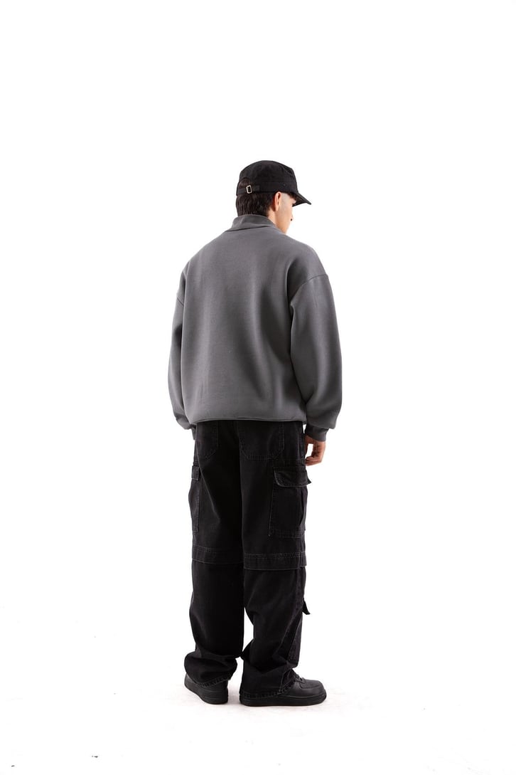 Etiket Nakışlı Füme Oversize Sweatshirt