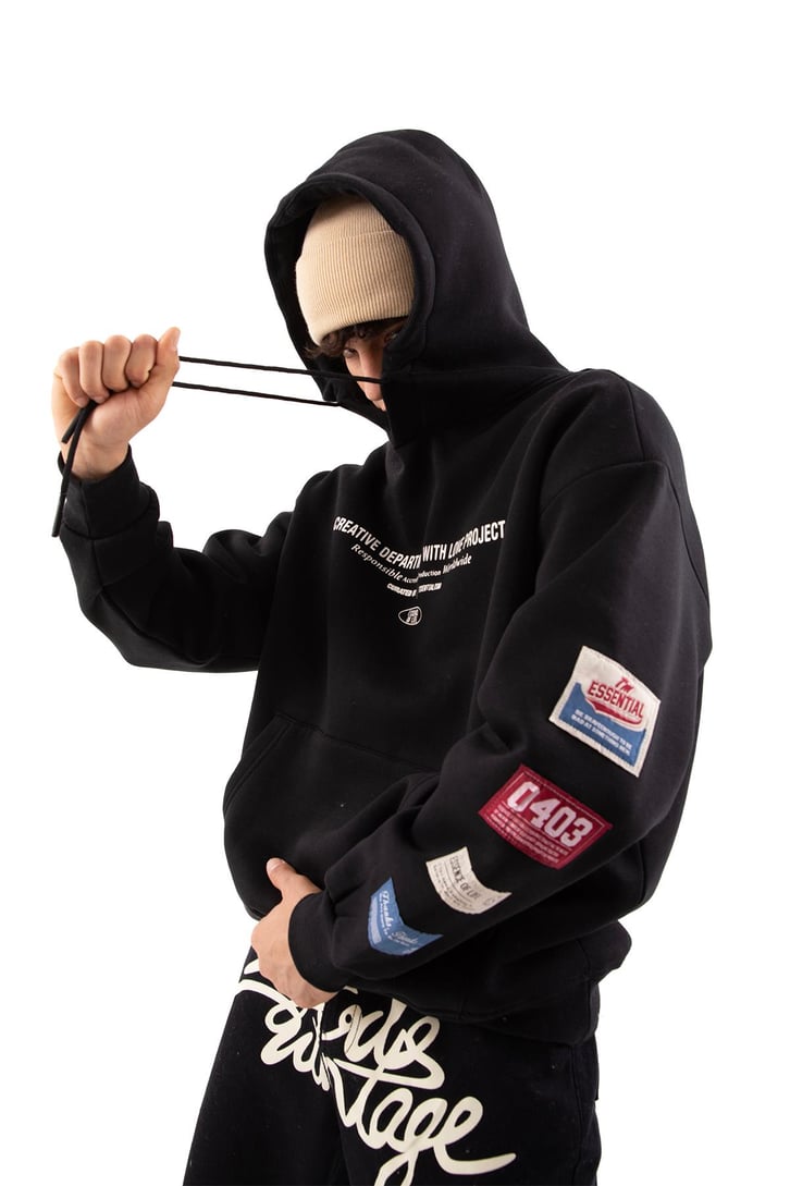 Etiket Nakışlı Siyah Oversize Hoodie