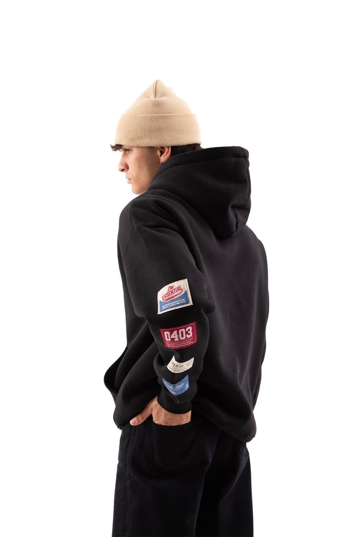 Etiket Nakışlı Siyah Oversize Hoodie