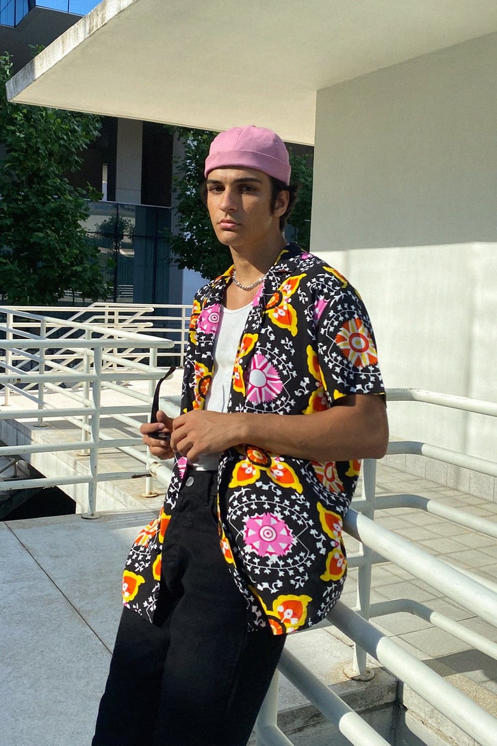 Etnik Desen Oversize Kısa Kollu Gömlek