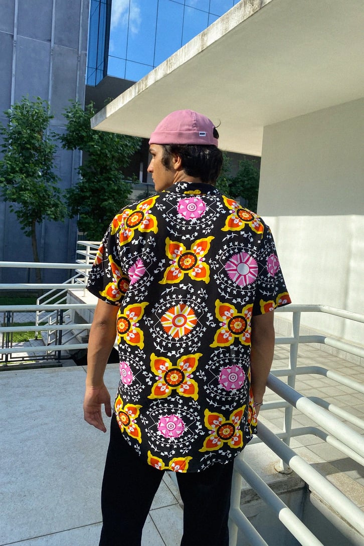 Etnik Desen Oversize Kısa Kollu Gömlek