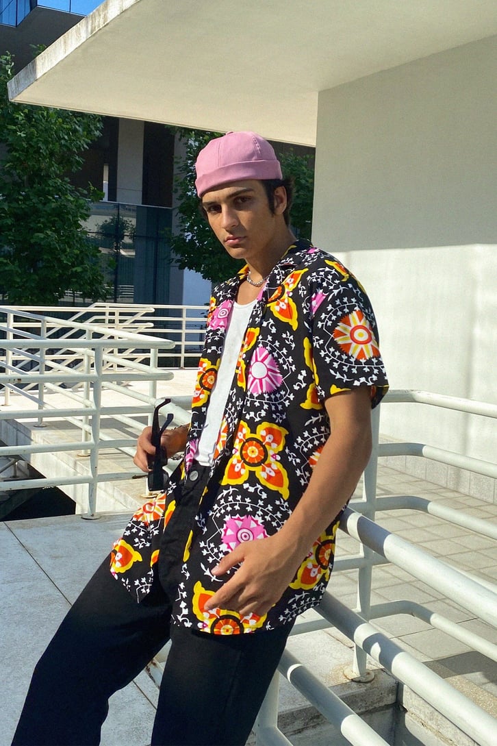 Etnik Desen Oversize Kısa Kollu Gömlek