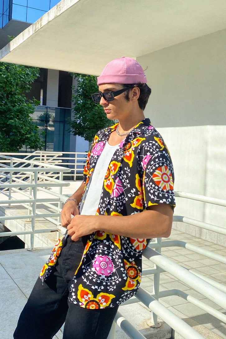 Etnik Desen Oversize Kısa Kollu Gömlek