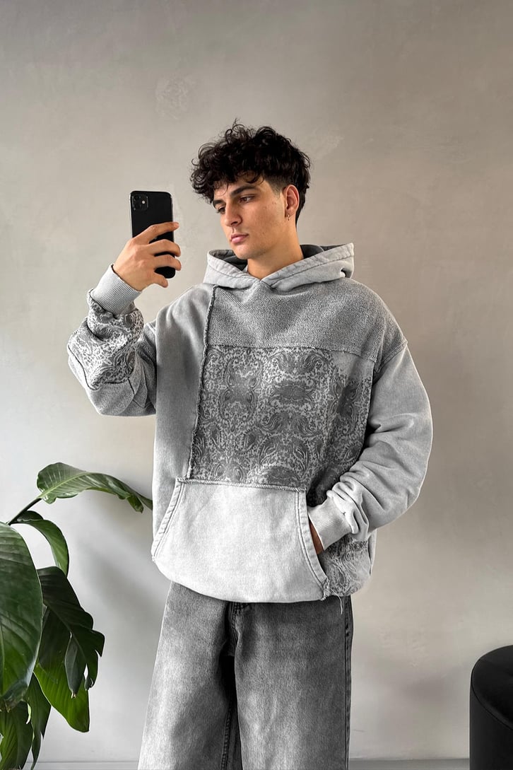 Etnik Desen Parçalı Oversize Hoodie