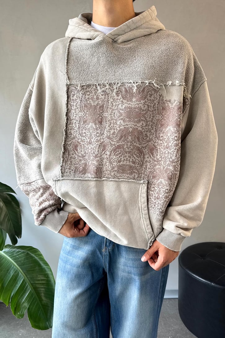 Etnik Desen Parçalı Oversize Hoodie