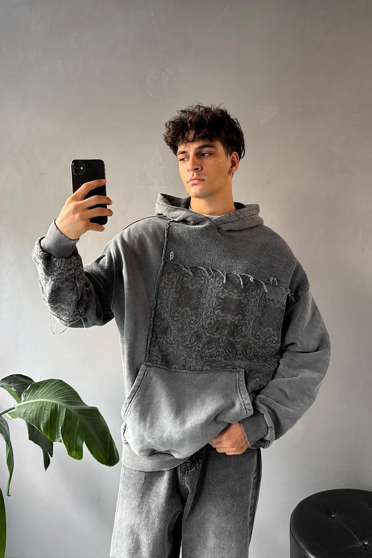 Etnik Desen Parçalı Oversize Hoodie