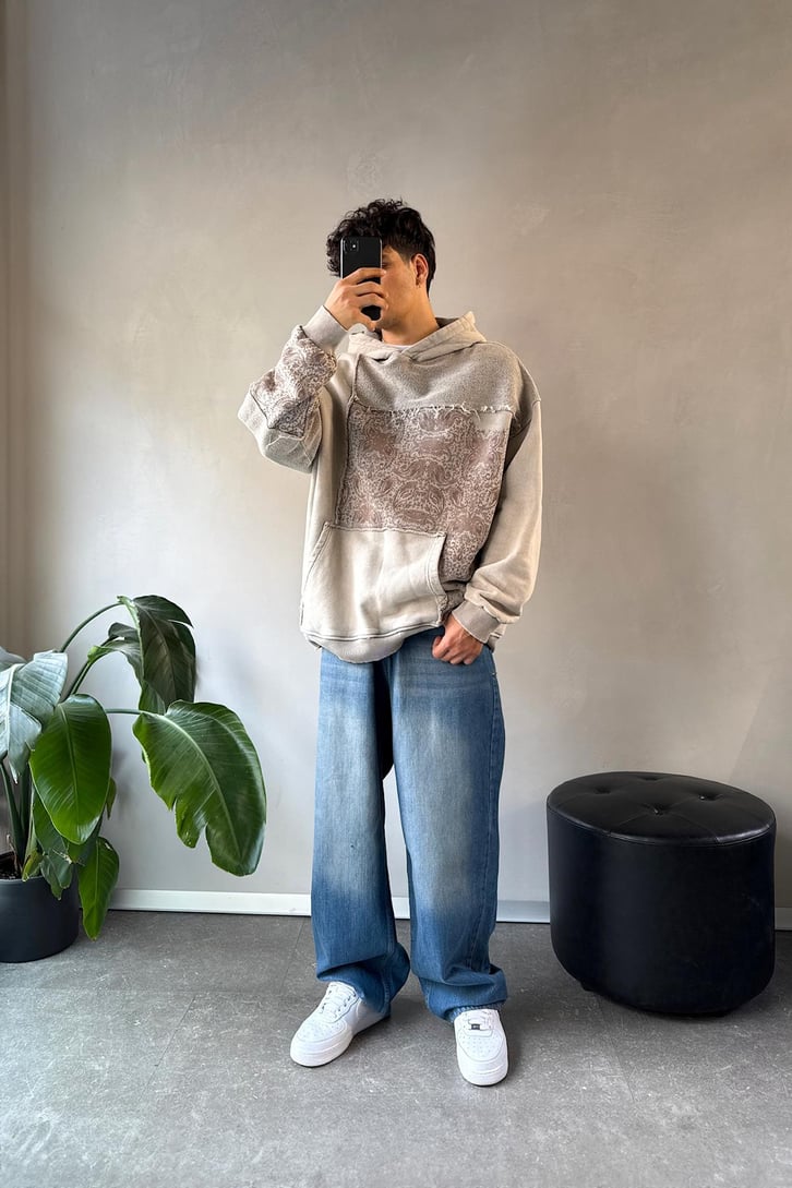 Etnik Desen Parçalı Oversize Hoodie