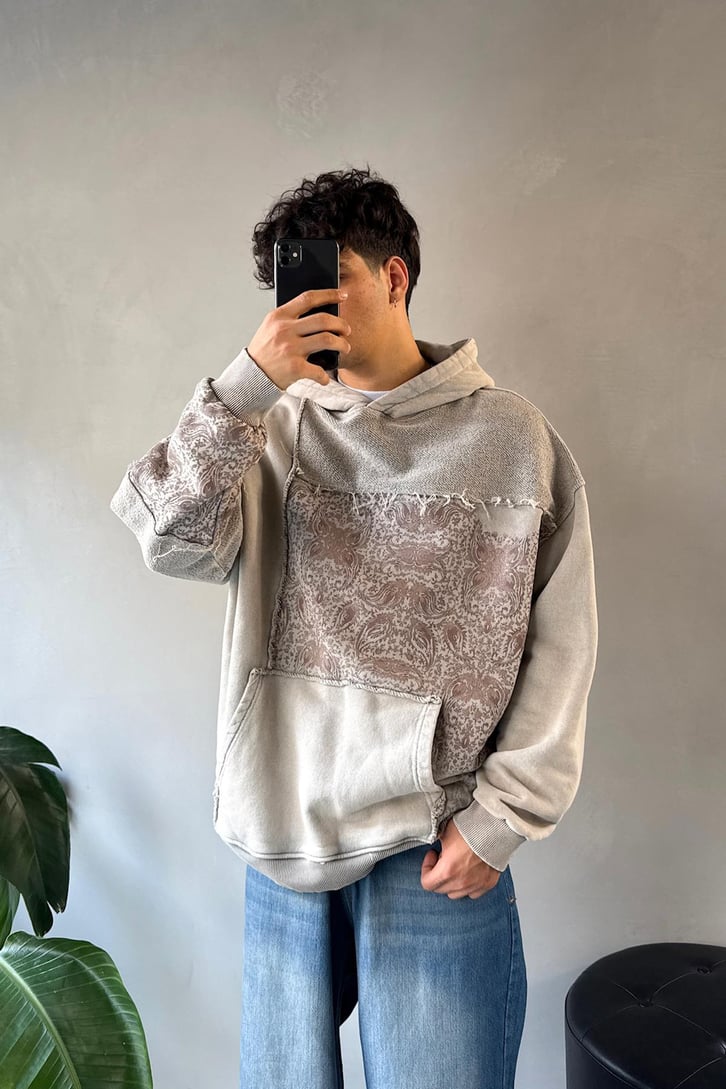 Etnik Desen Parçalı Oversize Hoodie