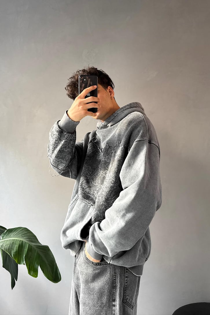 Etnik Desen Parçalı Oversize Hoodie
