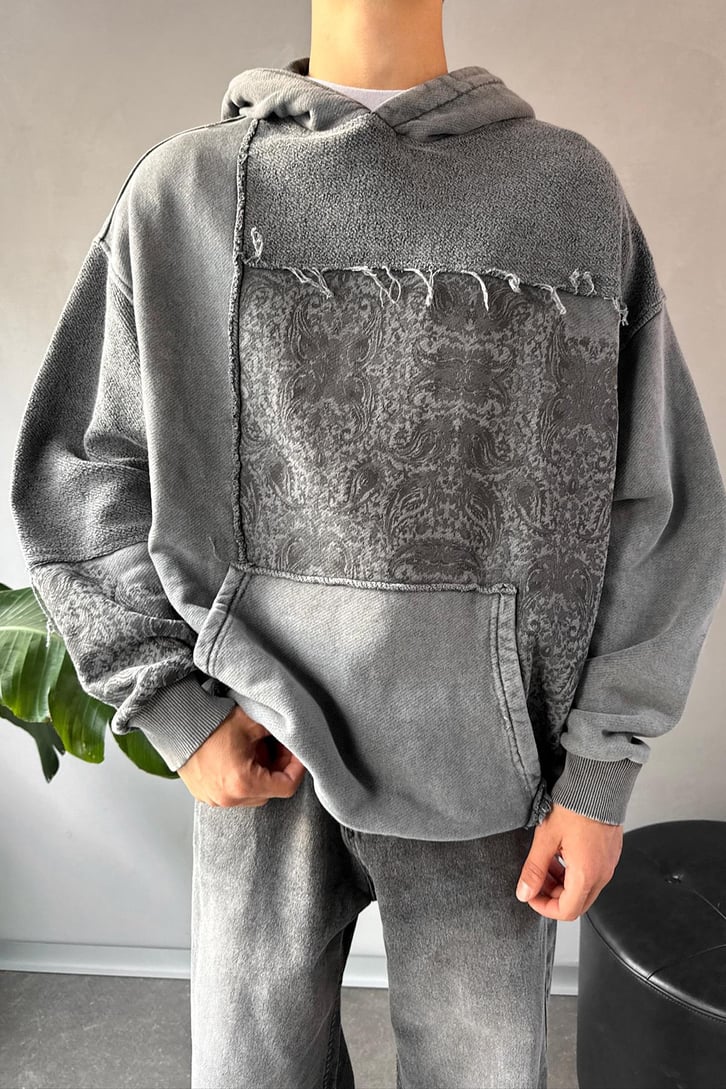 Etnik Desen Parçalı Oversize Hoodie