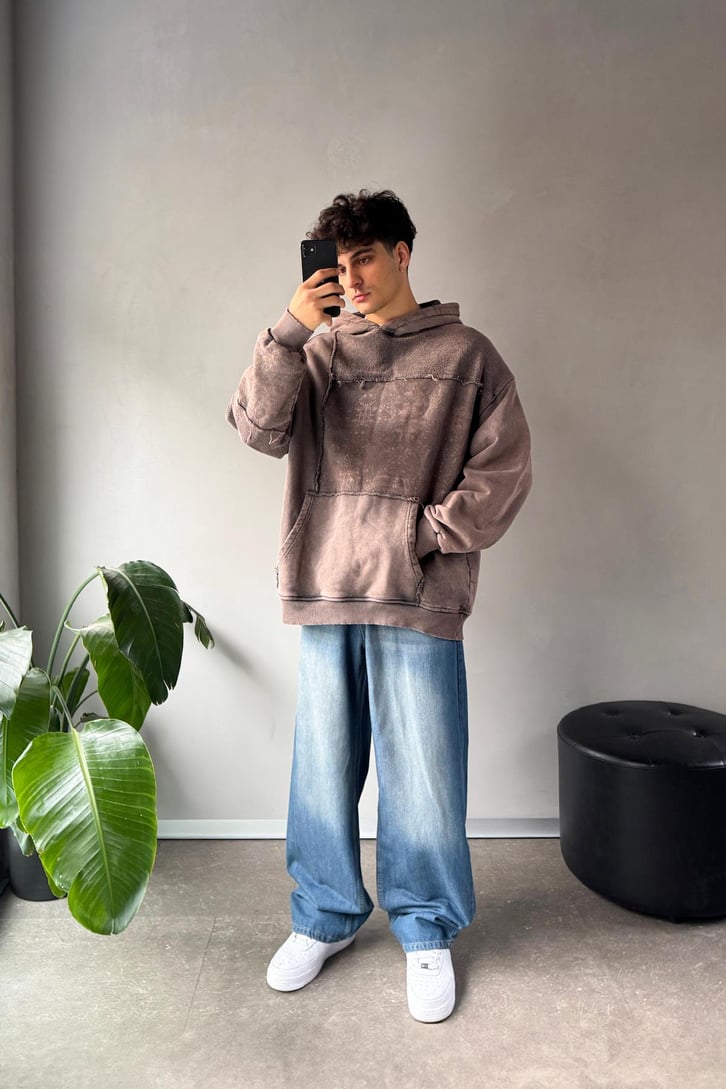 Etnik Desen Parçalı Oversize Hoodie