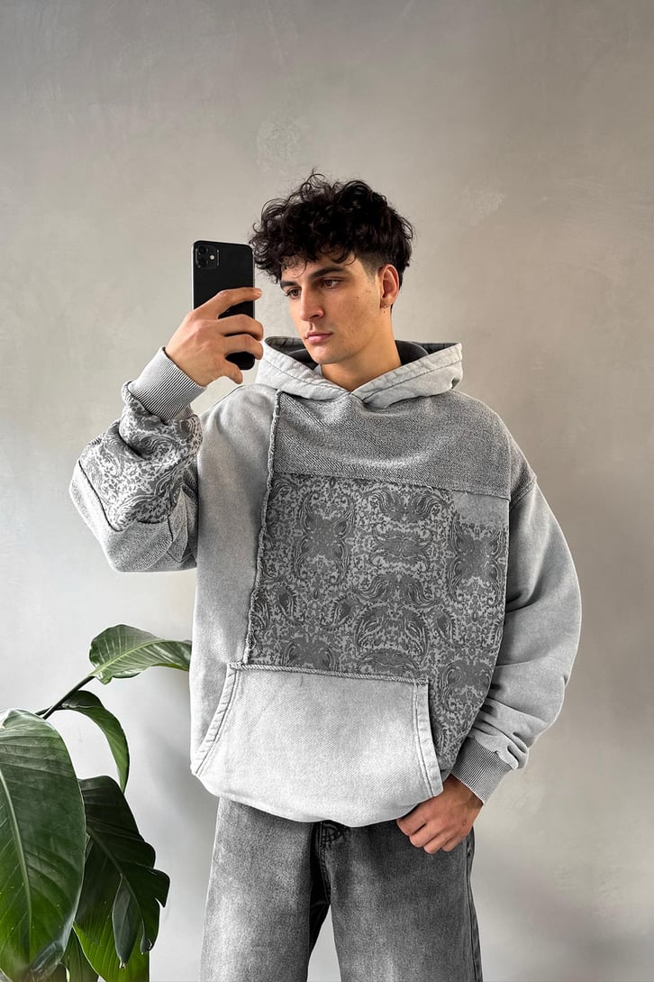 Etnik Desen Parçalı Oversize Hoodie
