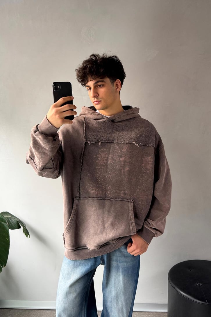 Etnik Desen Parçalı Oversize Hoodie