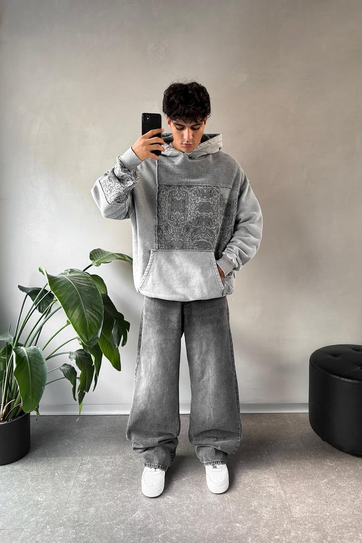 Etnik Desen Parçalı Oversize Hoodie