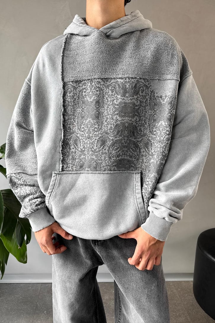 Etnik Desen Parçalı Oversize Hoodie