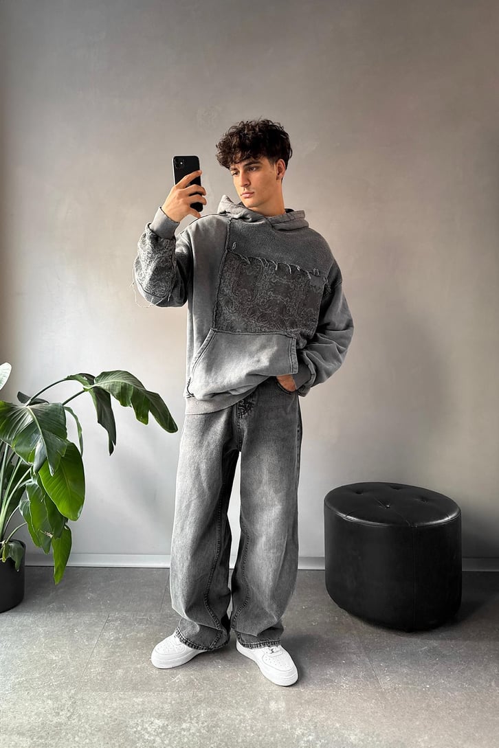 Etnik Desen Parçalı Oversize Hoodie