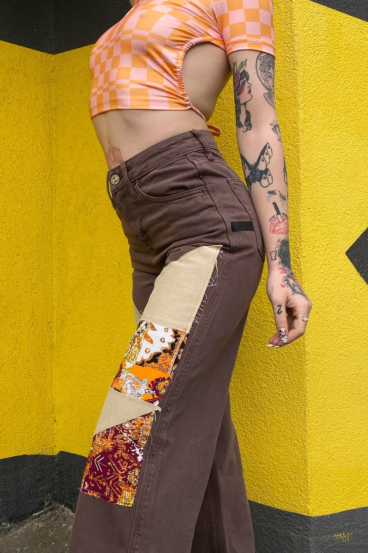 Etnik Desen Yamalı Kahverengi Baggy Jean