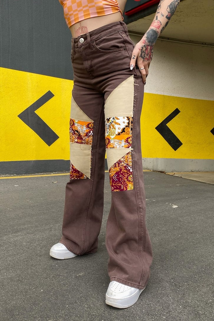 Etnik Desen Yamalı Kahverengi Baggy Jean