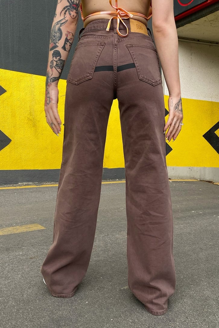 Etnik Desen Yamalı Kahverengi Baggy Jean