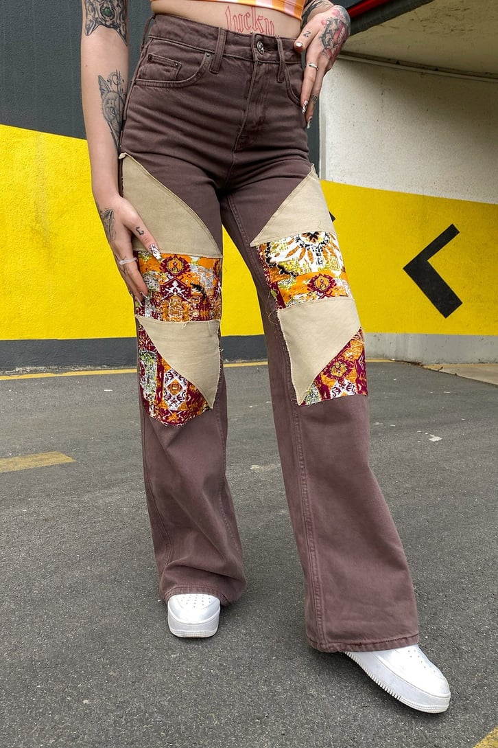 Etnik Desen Yamalı Kahverengi Baggy Jean