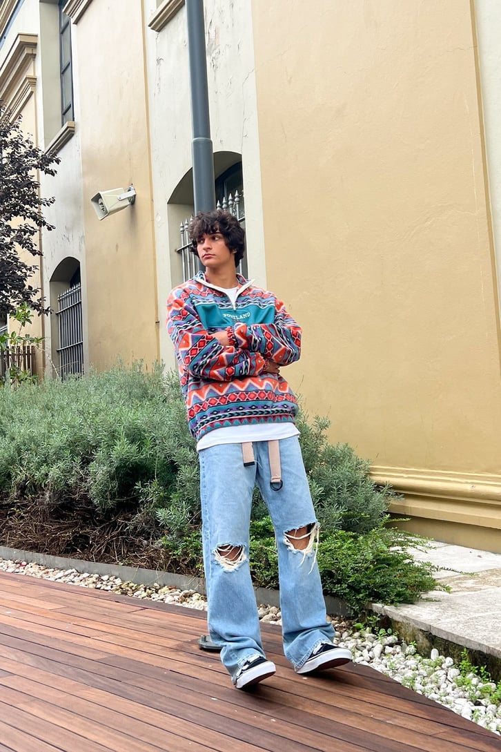 Etnik Desen Zip Detay Polar Sweatshirt