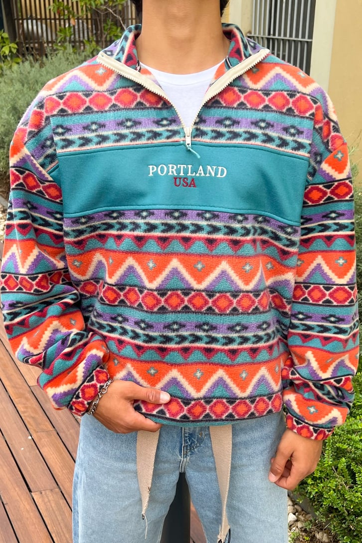 Etnik Desen Zip Detay Polar Sweatshirt