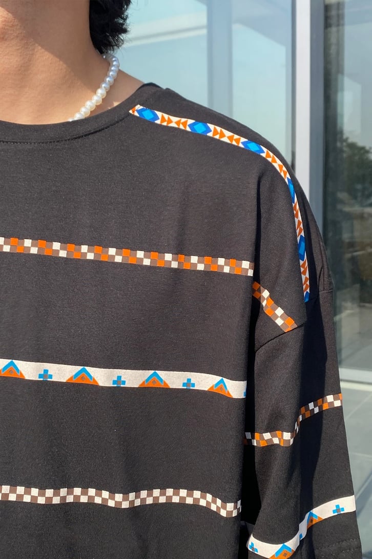 Etnik Şeritli Oversize Tshirt