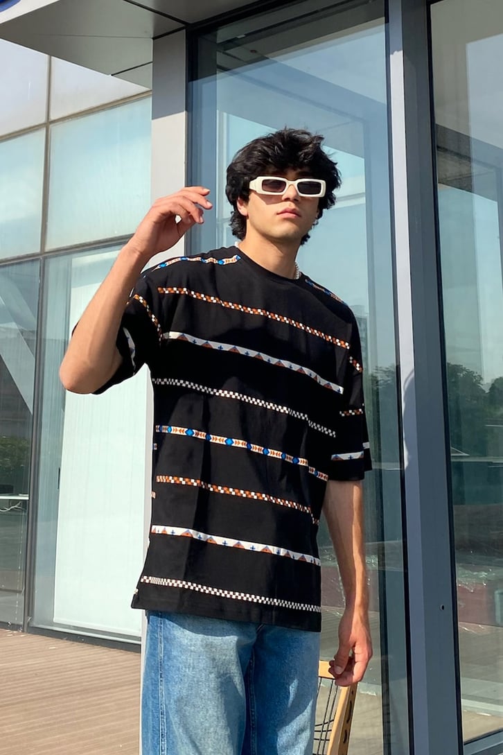 Etnik Şeritli Oversize Tshirt