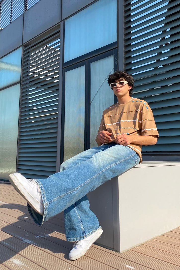 Etnik Şeritli Oversize Tshirt