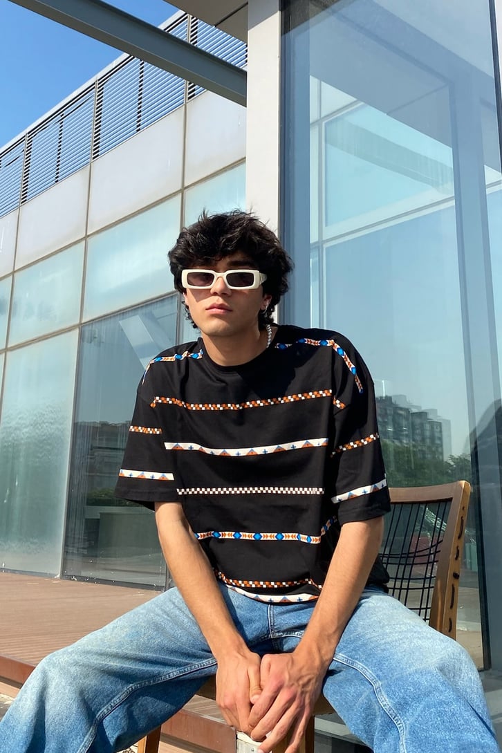 Etnik Şeritli Oversize Tshirt