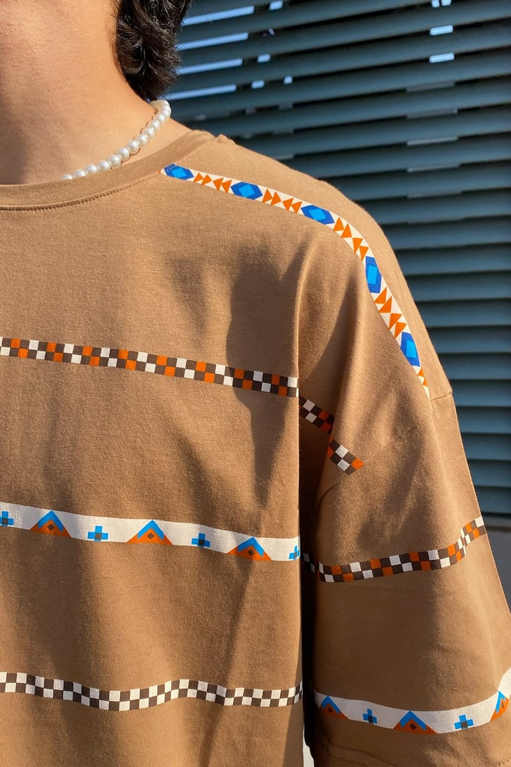 Etnik Şeritli Oversize Tshirt
